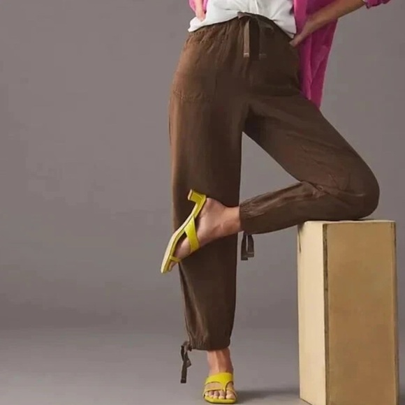 PILCRO S Brown Linen Ankle-Tie Relaxed Pants Boho Loose Fit Anthropologie gorp - Picture 1 of 9